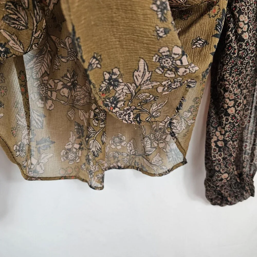 Free People‎ XS Brown Neutral Tone Floral Boho Prairie Cottage Fall Harvest Top